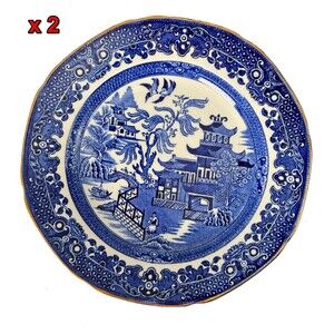 2 Burleigh Ware Blue Willow Coffee Cup Saucer Plate Dinnerware Tableware UK 7"